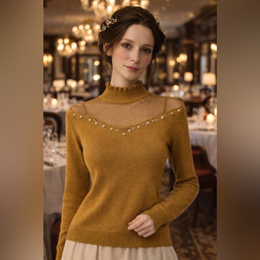 Chic Cashmere Wool Mustard Colored Sweater with Mesh and Pearl Accents